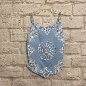 RUE 21 Top Juniors Medium Bandana Print Light Blue Stretchy Built in Bra Beads